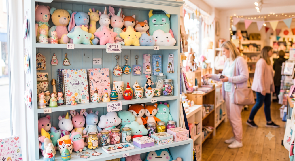 パステルカラーのぬいぐるみが並ぶギフトショップの棚