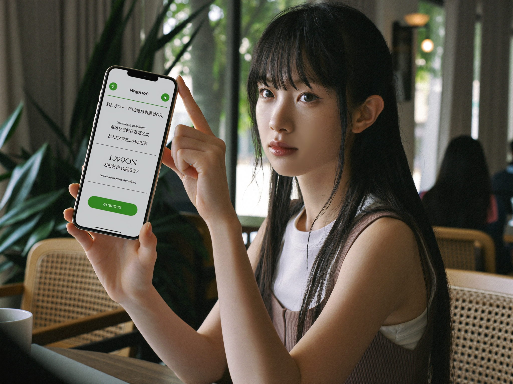 カフェでブロックボタンを押す女性
